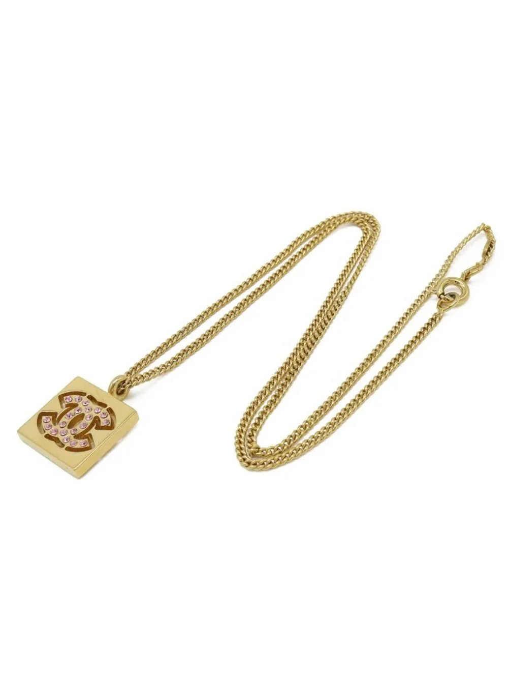 Chanel 01P Square CC Logo Pendant Rhinestone Gold Plated Pink Necklace